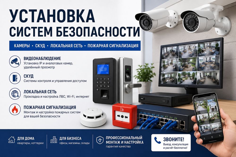 Установка камер видеонаблюдения | СКУД | Локальная сеть | Пожарная