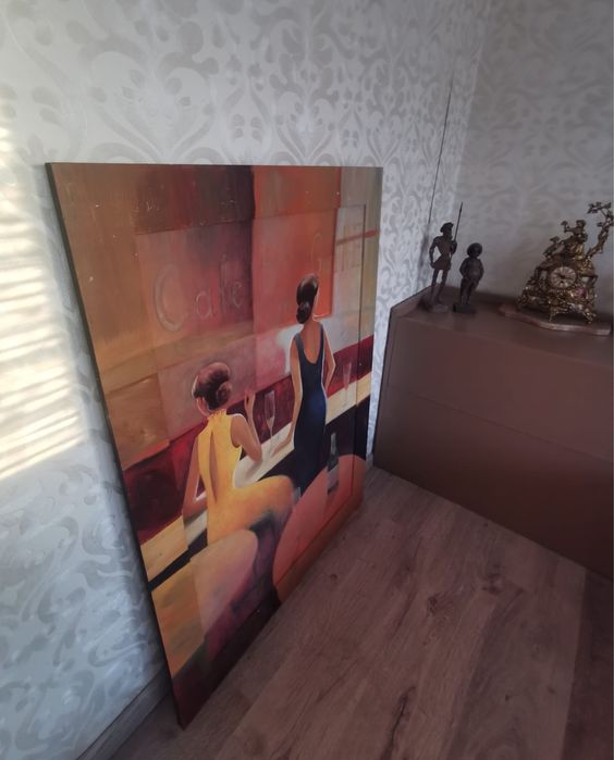 Антикварна картина две жени в кафене голяма в рамка без паспарту