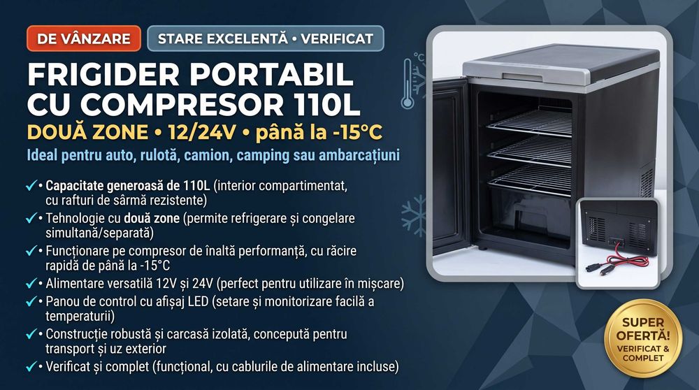 Frigider portabil cu compresor 110L, 12/24V, Dual Zone, -15°C –ca nou