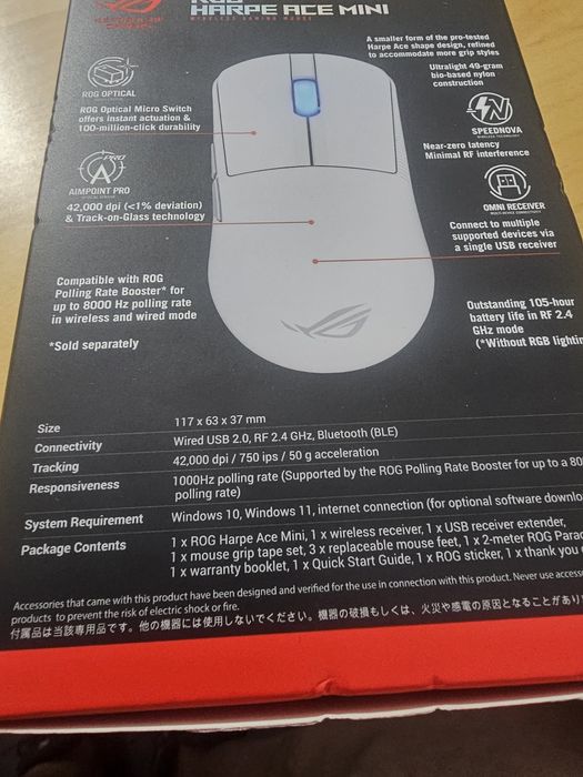 Mouse gaming wireless  Asus rog harpe ace mini,42000dpi,white