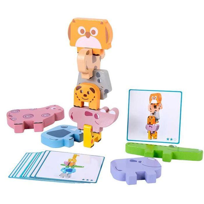 Joc Montessori de Stivuire Animale din Lemn, 10 Piese, 10 Cartonase