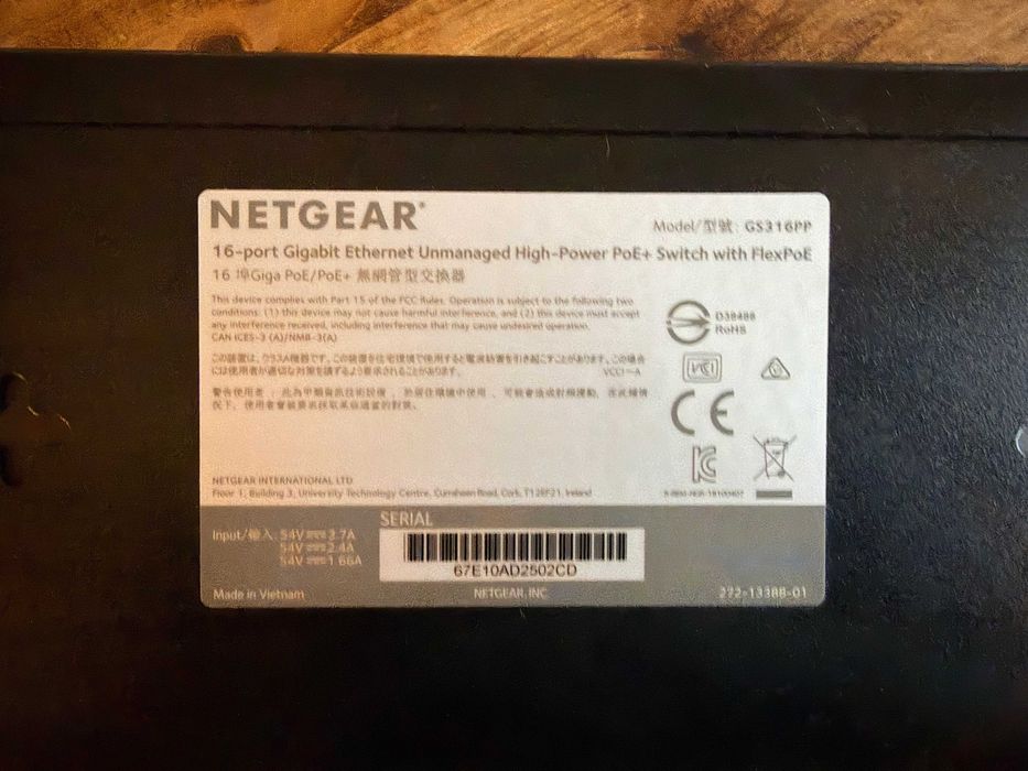 Netgear 16-port Gigabit Ethernet PoE+ Switch GS316PP