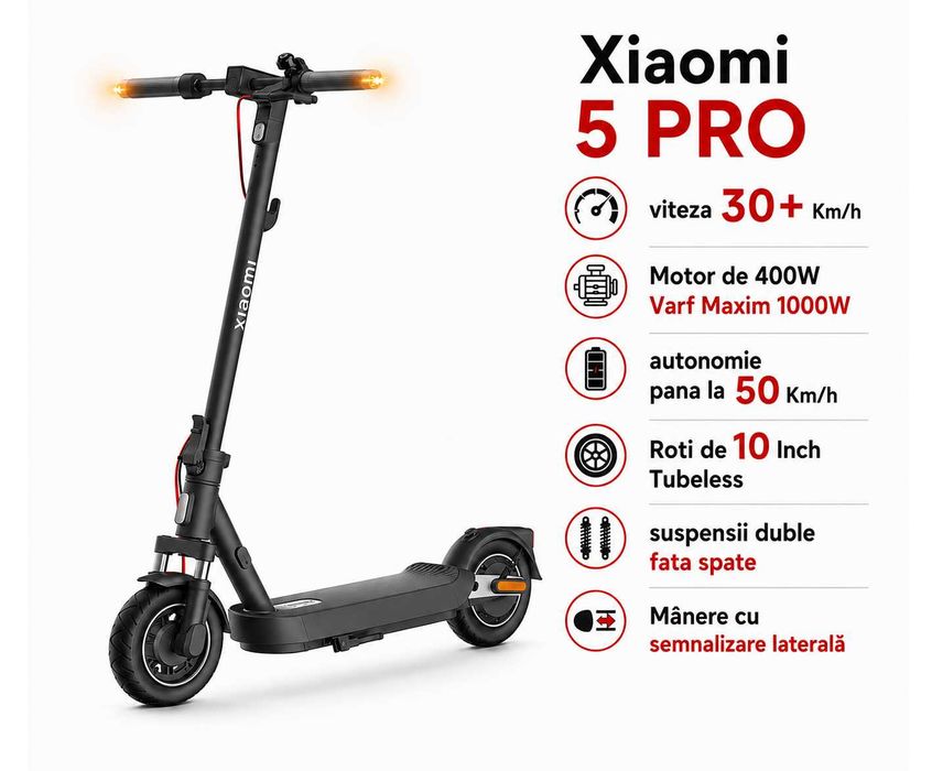 Trotineta Xiaomi 5 PRO,  Maxim 1000W ,  30km/h, Autonomie 40Km, Suspensii duble, Roti 10inch