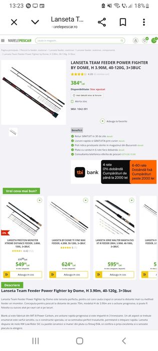 Lansete by dome team feeder power fighter pro 3.90 și mulinete