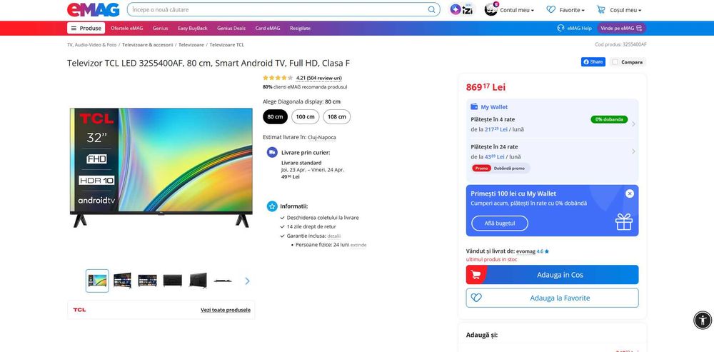 Televizor TCL LED 32S5400AF, 80 cm, Smart Android TV, Full HD