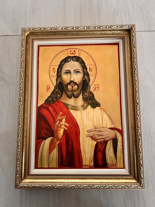 Icoană Iisus Hristos pictată manual în ramă barocă aurită