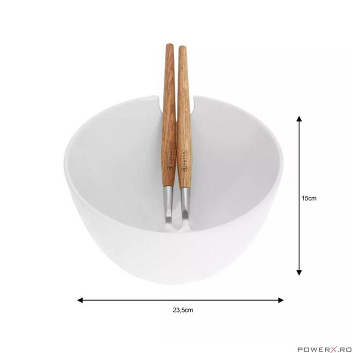 Bol pentru salata cu ustensile alb si lemn, Kassel