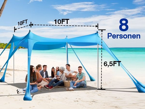 3x3м Плажна тента/ шатра за 8 човека, UPF 50+, 8 торби за пясък, Синя, Rhino Valley