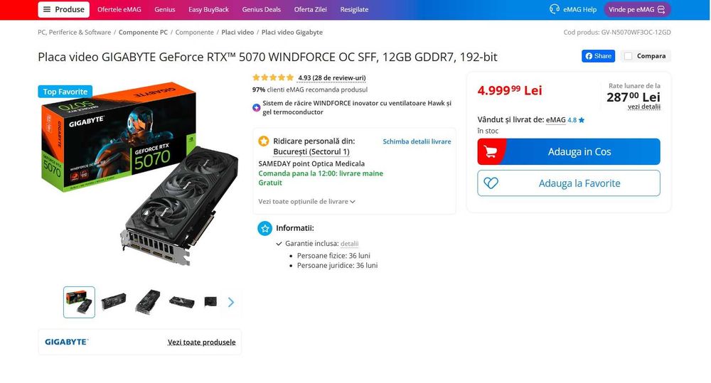 Placa video GIGABYTE  RTX 5070 WINDFORCE OC SFF, 12GB GDDR7, sigilata , garantie