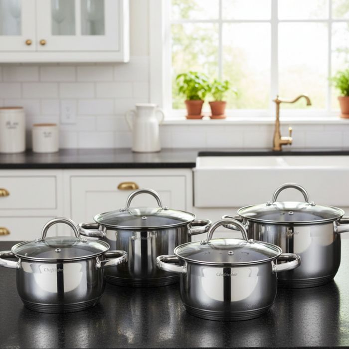 Комплект тенджери Cheffinger – 8 части инокс с капаци, за всички видов