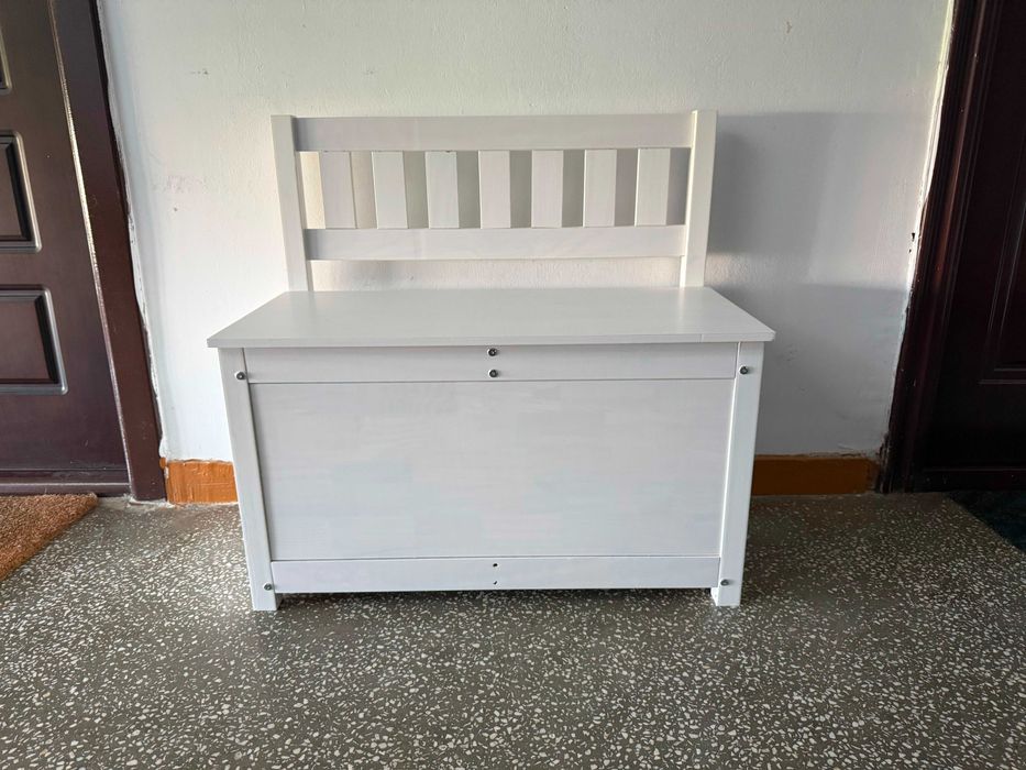 Bancă din lemn masiv de pin cu spațiu depozitare, albă, ca nouă