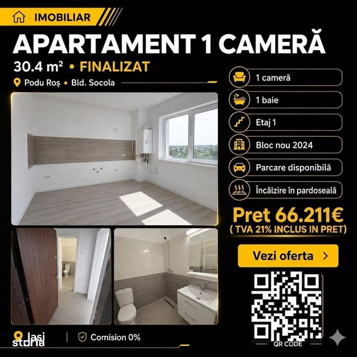 Apartament 1 camera 30,4mp Bloc Nou Bld Socola( spate Granit,Intabulat