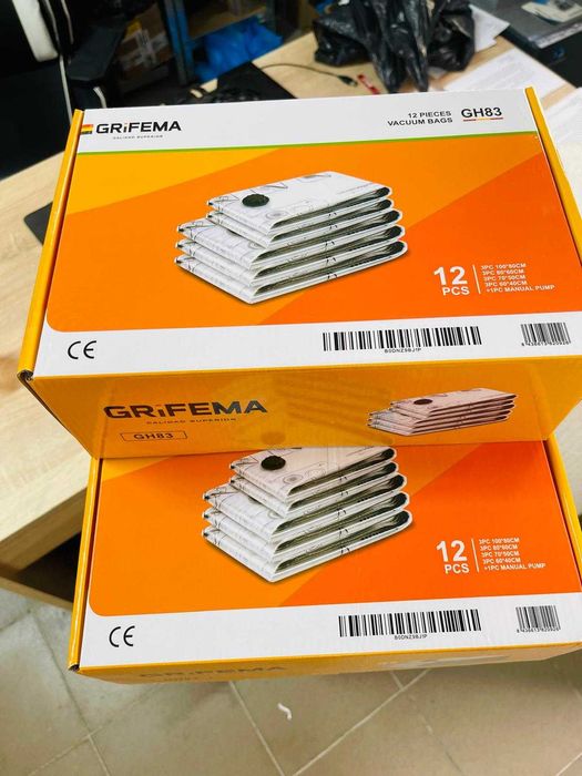GRIFEMA GH83 Pungi de depozitare sub vid reutilizabile, 12 bucăți (3 x S/M/L/XL) cu pompă manuală