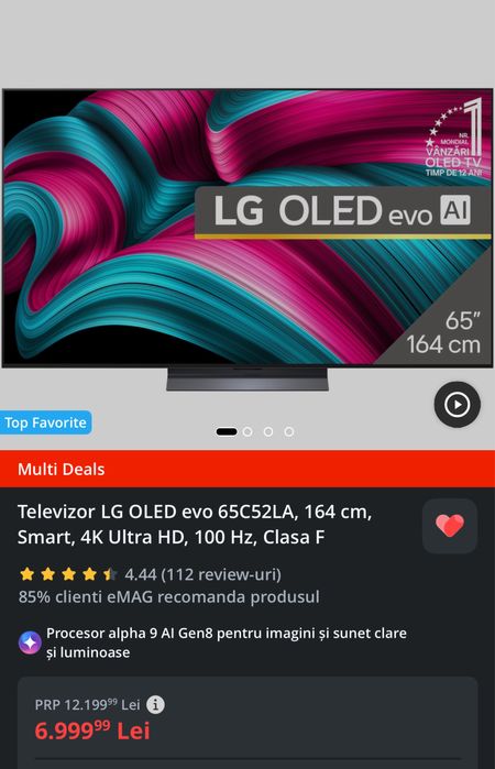 Televizor LG OLED evo 65C52LA, 164 cm, Smart, 4K Ultra HD, 120Hz, Clasa F