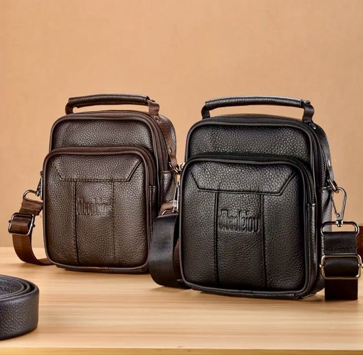 Мъжка черна кожена чантичка с дръжка/Премиум естест. кожа -10%Промоция