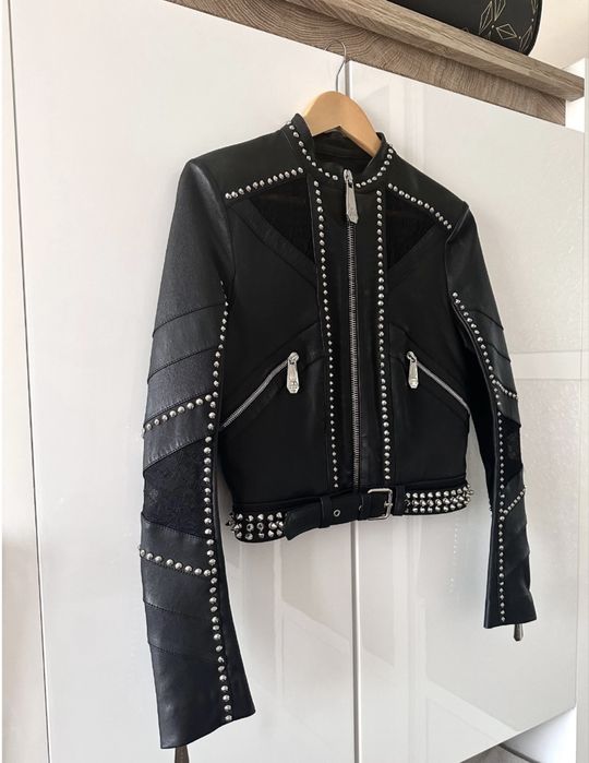 Кожено яке Philipp Plein с дантела и капси
