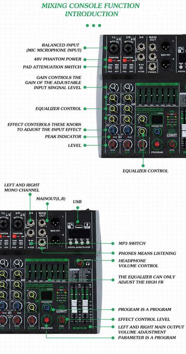 Pasiv mixer audio 4 canale AK4 Stereo canal 99 Efecte DSP USB Bluetooth Egalizator 7 benzi