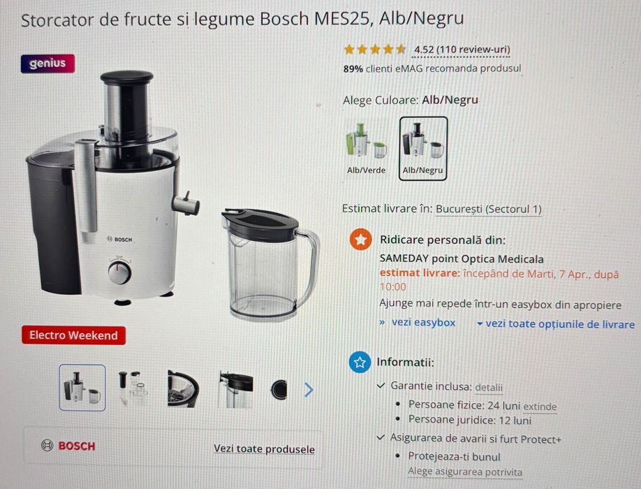 Storcator de fructe si legume Bosch MES25 Negru