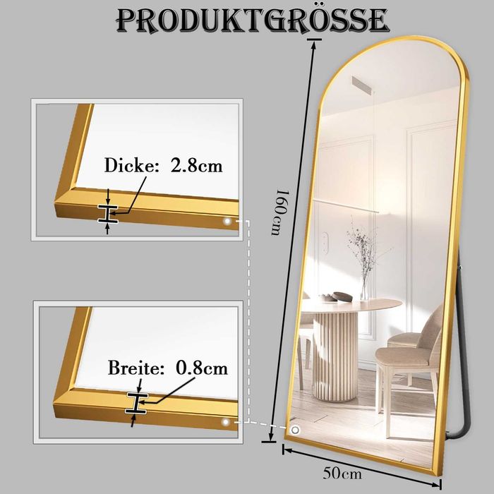 Oglinda de podea, mare, 160X50cm, partea de sus arcuita, rama aurie