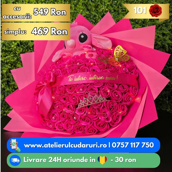 Buchete Trandafiri Sapun (Simple, Sclipici, Stitch, Angel)