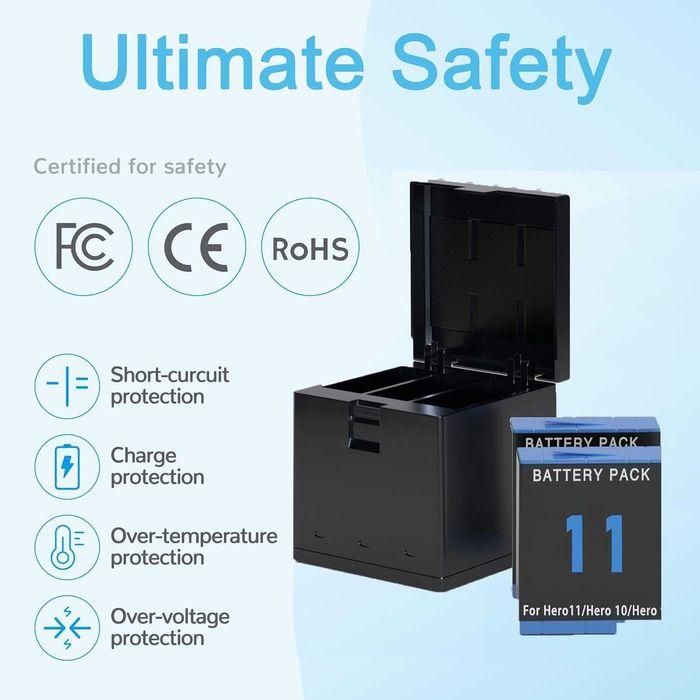 Резервни батерии 2 броя + 3 канално зарядно за GoPro Hero 9/10/11/12