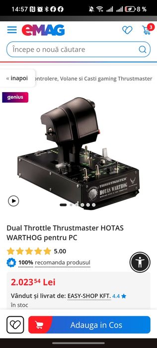 Thrustmaster HOTAS Warthog Throttle – Full Metal, stare impecabilă, PC