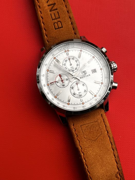 Мъжки часовник Benyar, хронограф, бял циферблат, кафява кожена каишка