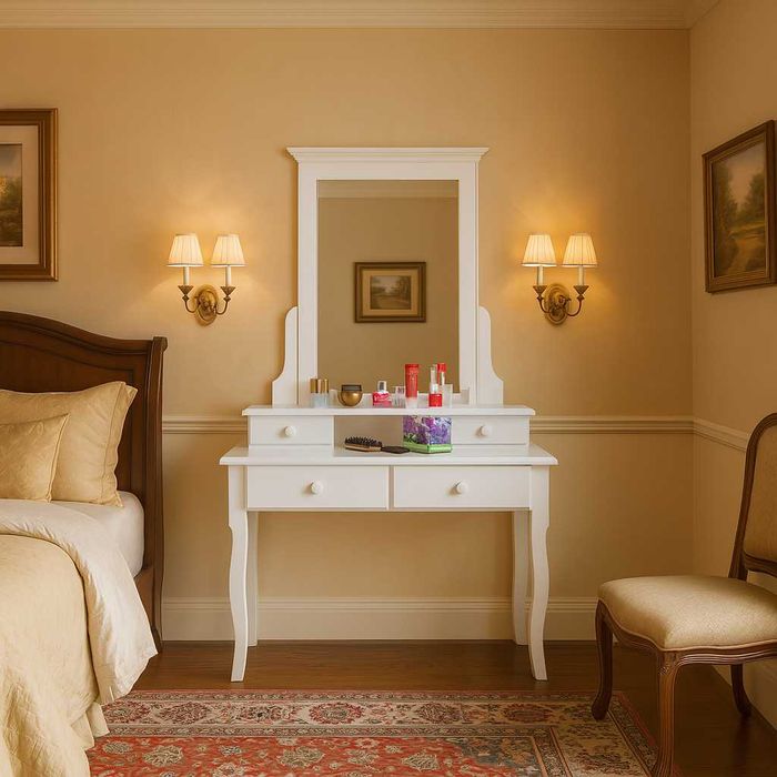 Masuta machiaj cu oglinda, lemn masiv, alb