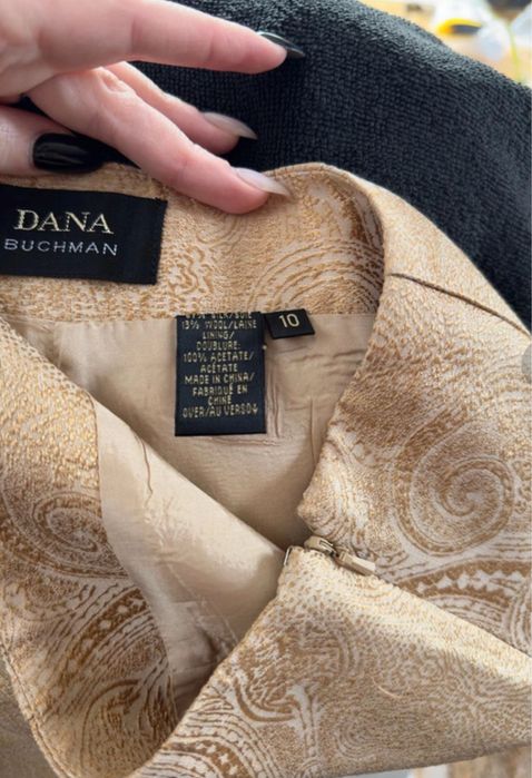 Dana Buchman pantaloni mătase lână jaqard aurii bej