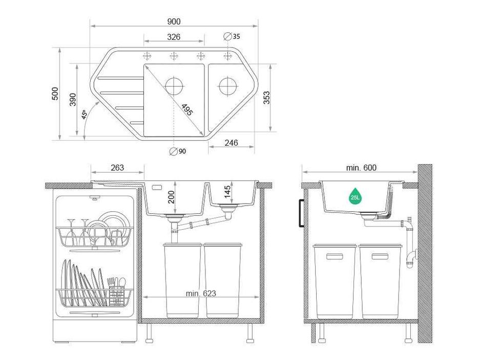 Графит ъглова кухненска гранитна мивка Копенхаген 900 Corner 900x500 м