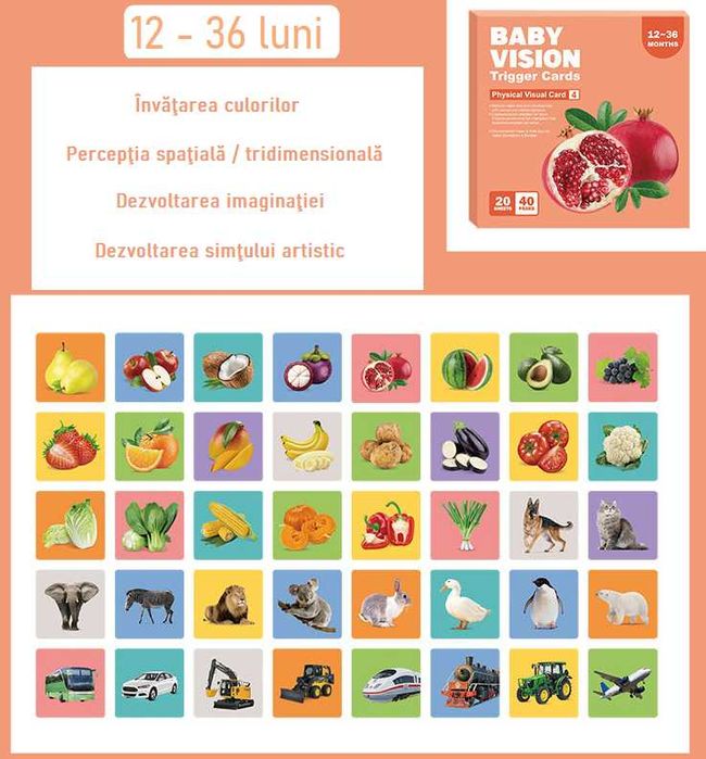 80 carduri pentru stimulare vizuala si cognitiva bebelusi, 0-36 luni