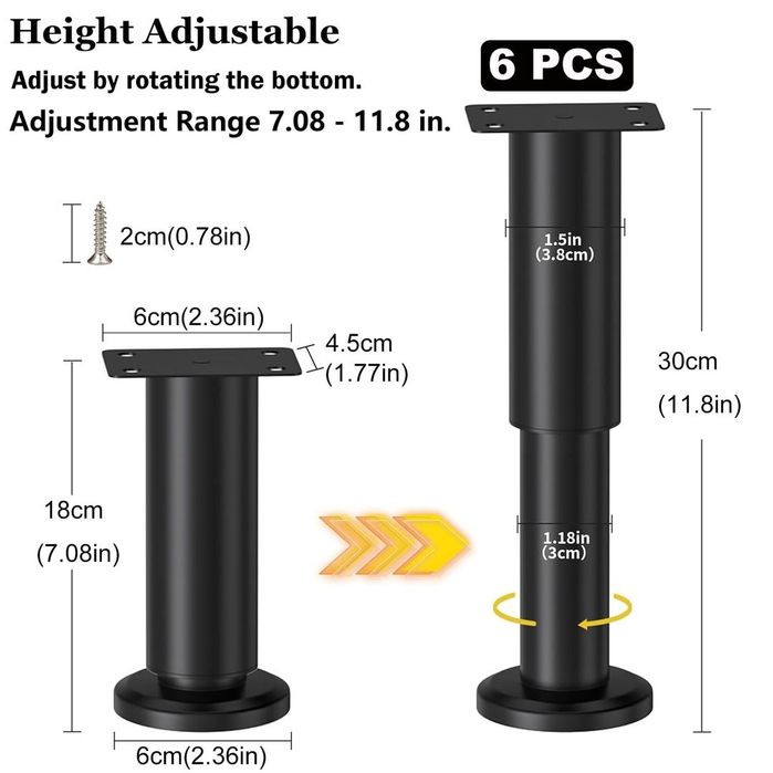 Set 6 Picioare Reglabile Metalice Mobila 18-30 cm Negre