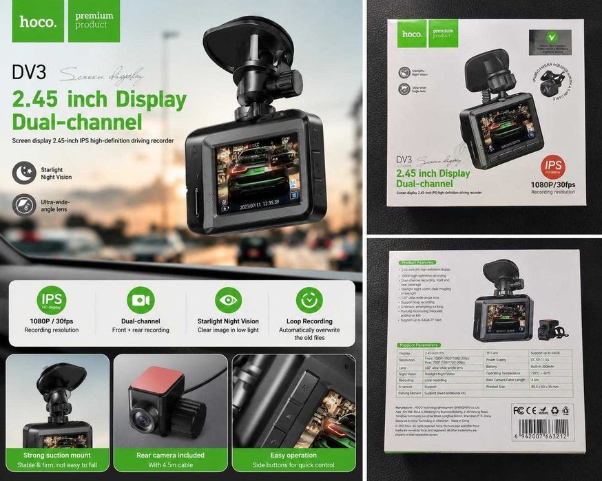 Dual-Channel Dash Cam – Cameră Auto Full HD cu Night Vision & Cameră Spate Inclusă
