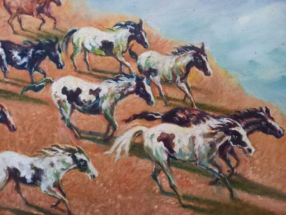A. Bellomi – „Cai alergând la vale” – ulei pe placaj, 70 × 49,5 cm