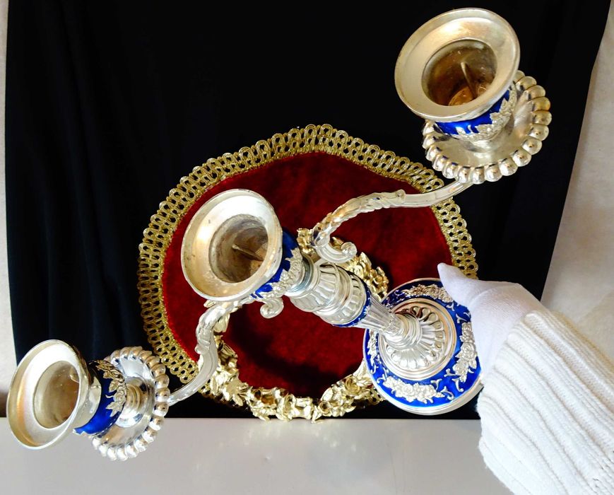 Посребрен троен свещник,рози,кобалт,рококо.