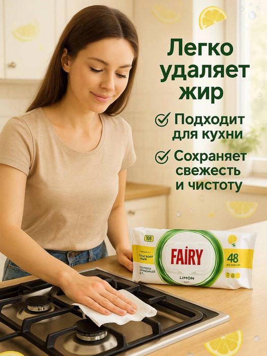 Уксусные влажные салфетки для кухни FAIRY 100 шт