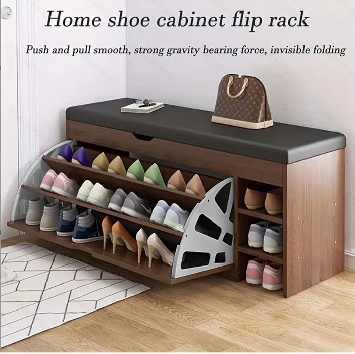 Деревянная скамейка для хранения обуви со скрытой полкой для обуви.