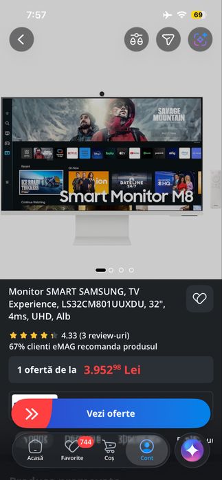 Monitor Samsung M8 32 (31.5", 4K) cu webcam, airplay, tizen