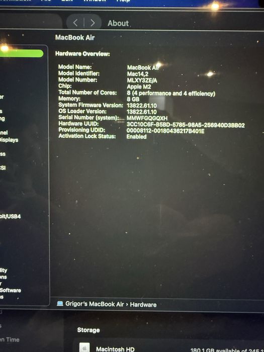 Macbook Air M2 8gb RAM 256gb SSD