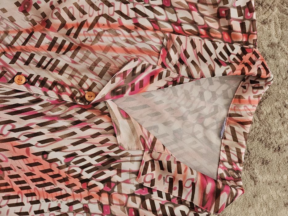 Розова шарена риза блуза с яка и къс ръкав бонус шал подарък