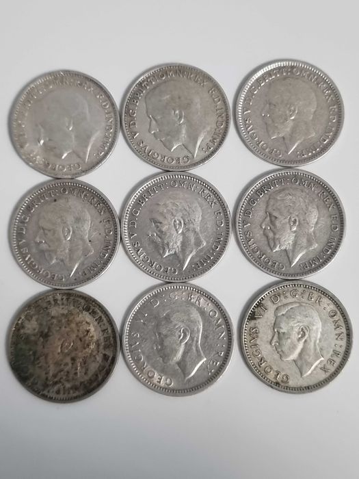 Lot 9 monede Anglia Marea Britanie 9 x 3 pence 1920-1940 argint
