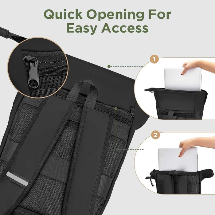 Rucsac roll top waterproof 18-27L laptop 17.3 inch din piele PU negru pentru travel scoala business