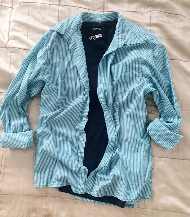 SMOG L cămașă bărbați slim fit 100% bumbac verde albastru dungi fine casual elegant regular fit