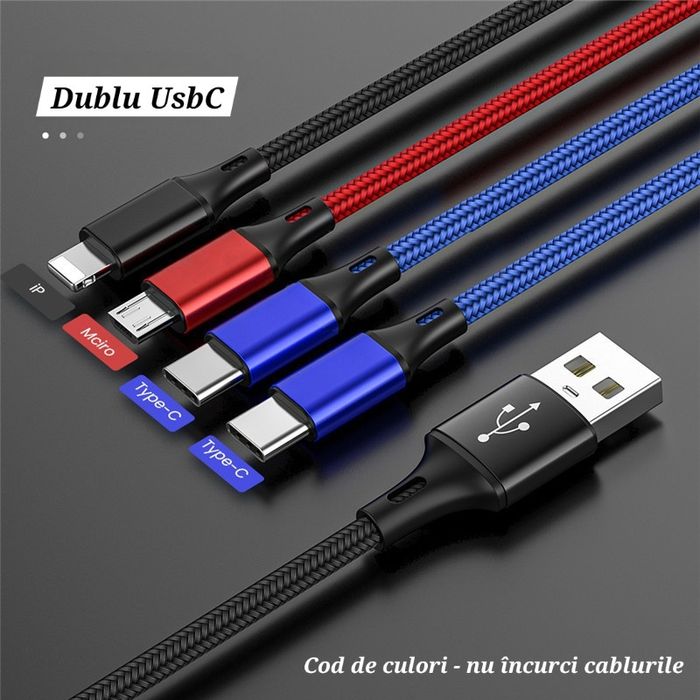 Cablu 4in1: dublu UsbC/dublu IOS+Micro. Cod de culori. Cupru.Rezistent