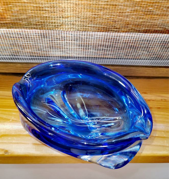 Антикварна Мурано кристална купа пепелник кобалтово синя ръчно правена