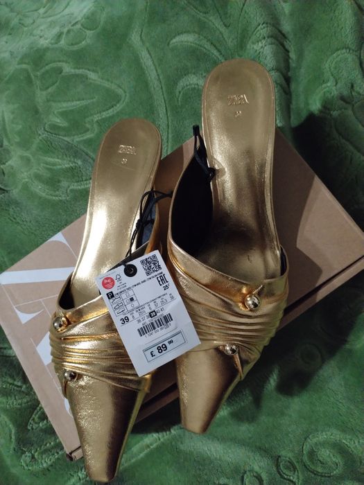 Saboți Zara aurii, din piele, mărime 39, noi