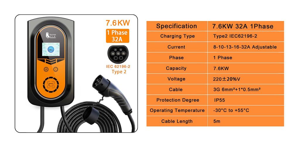 Станция за зареждане на елек. автомобили монофазна 7.6KW/32A