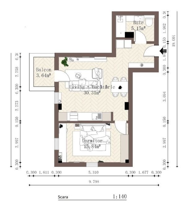 Apartament 2 camere, etaj 2, suprafata utila 51 mp