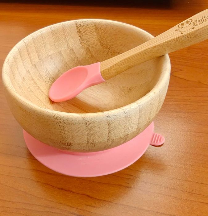 Детски комплект за хранене Oaki, Бамбукова купа, Чиния слонче, Розов
