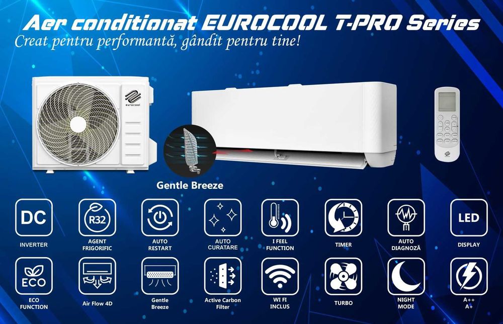 Aer Conditionat EUROCOOL T-PRO , 12000 BTU, Inverter, Wi-Fi, Active Carbon Filter, Gentle Breeze